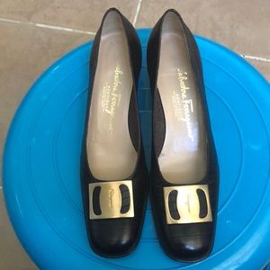 Salvatore Ferragamo Black Heels with Gold Buckle